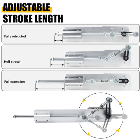 Reciprocating cycle linear actuator, DC 24V, adjustable 2–8 cm stroke, metal housing with rocker-arm linkage