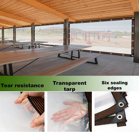 Ultra Clear 4.7 Mil Tarp With Grommets, 8x10 Ft Lightweight Transparent Vinyl Tarpaulin installed on patio shelter