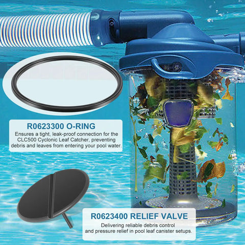 Relief Valve Kit With R0623300 O Ring For Zodiac CLC500 Cyclonic Leaf Catcher Replacement Part shown in pool setup.