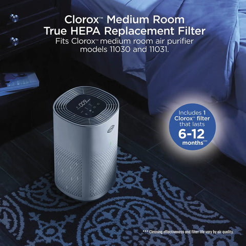 True HEPA Replacement Filter For Medium Room Air Purifier Up To 1000 Sq Ft, Captures 99.97 Percent of Allergens, in bedroom setting.
