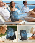 Must Have Compact USB Desk Fan With LED Display 5 Speed Ultra Quiet Portable Mini Fan on a deck with two people relaxing.