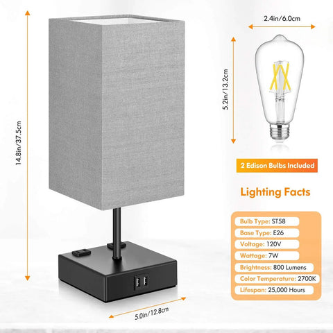 3 Way Dimmable Table Lamps With Touch Control and 2 USB Ports, grey fabric shade, LED bulb specifications, modern design