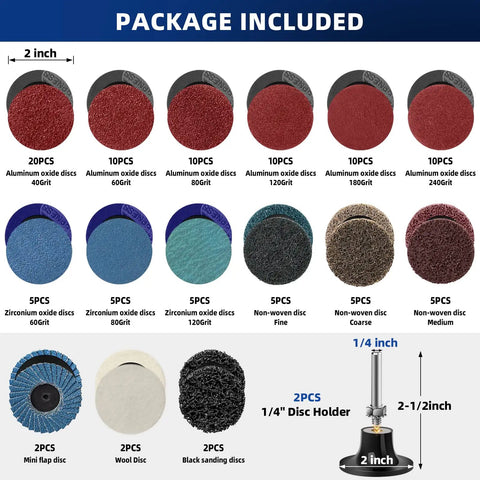 108Pcs Sanding Discs Set Two Inch Quick Change Discs With One Quarter Inch Holder for various surface prep and rust removal.
