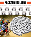 Front view: silver 415H-110L bike chain with chain breaker and 10 connector links; fits 49cc–80cc two-stroke engines.