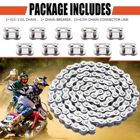 Front view: silver 415H-110L bike chain with chain breaker and 10 connector links; fits 49cc–80cc two-stroke engines.