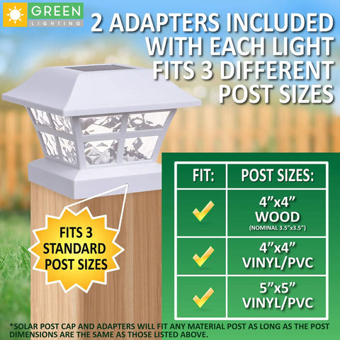 White Solar Post Cap Lights For 4x4 And 5x5 Vinyl Fence Posts Waterproof Outdoor Post Lights 8 Pack Fits 4x4 And 5x5 Posts Solar Powered With Ni-Cd Battery Included shown on fence post with fit guide