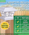 Evolve White Outdoor Post Cap Lights For 4x4 And 5x5 PVC Vinyl Posts Waterproof Solar LED NiCd Battery Included No Fuss Sun Powered Illumination 12 Pack Set on post with size chart