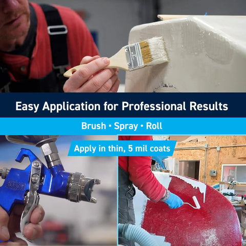 Premium Marine Grade Polyester Gelcoat For Fiberglass Repair White Quart applied with a brush on a boat hull surface.