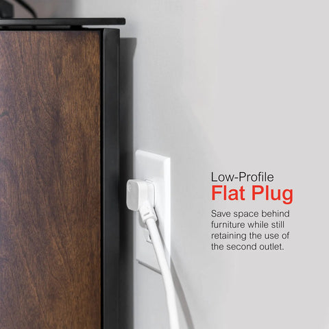 Six-Outlet Surge Protector Power Strip With Four-Foot Extension Cord, 840 Joules Of Surge Protection, Flat Plug shown behind furniture