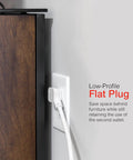 4 Pack 6 Outlet Power Strip With 12 Ft Extension Cord, Heavy Duty Flat Plug fitting behind a wooden cabinet