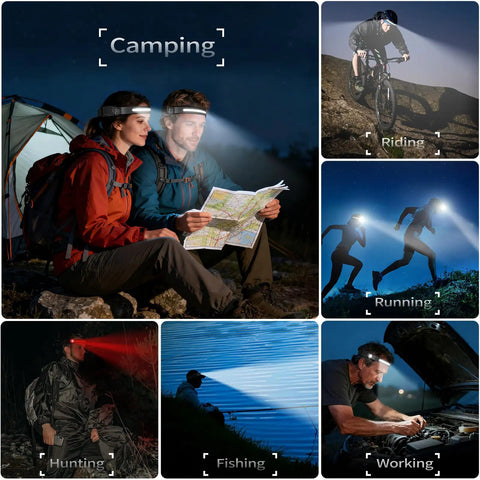 Duo Pack Rechargeable LED Headlamps With 230 Degree Wide Beam used for camping, biking, running, hunting, fishing, and working at night