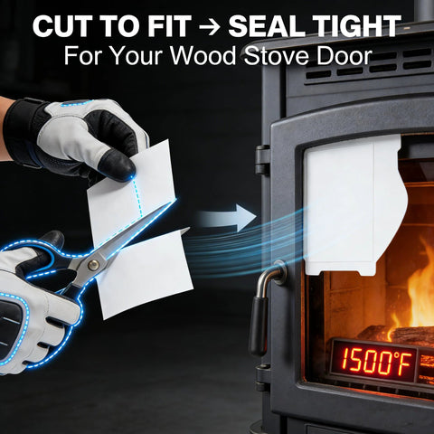 Two white high-temperature gasket paper sheets, 7 x 10 inches x 1/8 inch thick, for wood stove door seal; being cut.