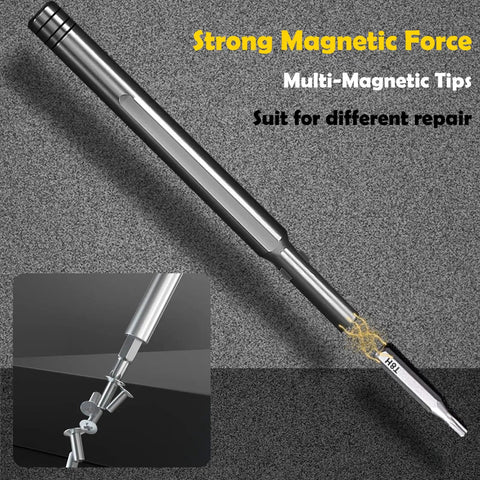 Side view of Dope 27 In 1 Magnetic Mini Screwdriver Set showcasing strong magnetic force and S2 steel bits on aluminum handle.