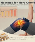Cordless Knee Massager for Pain Relief With Four Motors, Five Heat Levels, showing heating effect on knee, blue pad in use.