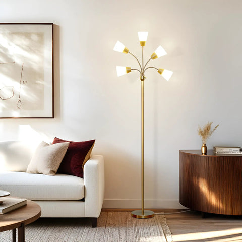Lit Five Head LED Floor Lamp for Living Rooms and Offices, brass standing lamp with adjustable shades, near sofa in modern room.