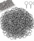 Heavy Duty Screw Eye Hooks 0.63 Inch 300 Pack Durable Iron Eye Screws for Hanging Artwork shown in bulk with packaging and detail view