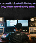 Heavy Duty 2 Pack Sound Dampening Blankets 48x80 Inches With Steel Grommets 850 GSM Acoustic Noise Reducing Pads For Home Studio And Moving Gear, shown in a recording studio.