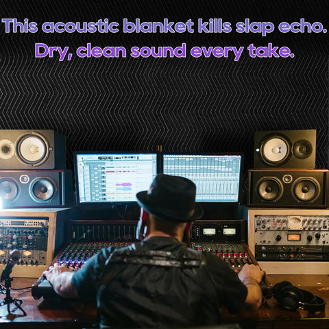 Heavy Duty 2 Pack Sound Dampening Blankets 48x80 Inches With Steel Grommets 850 GSM Acoustic Noise Reducing Pads For Home Studio And Moving Gear, shown in a recording studio.