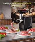 Behome Electric Meat Grinder With 2800W Max Motor, Powerful Sausage Stuffer, Kubbe Maker, and Mincer for preparing fresh sausages and burgers.