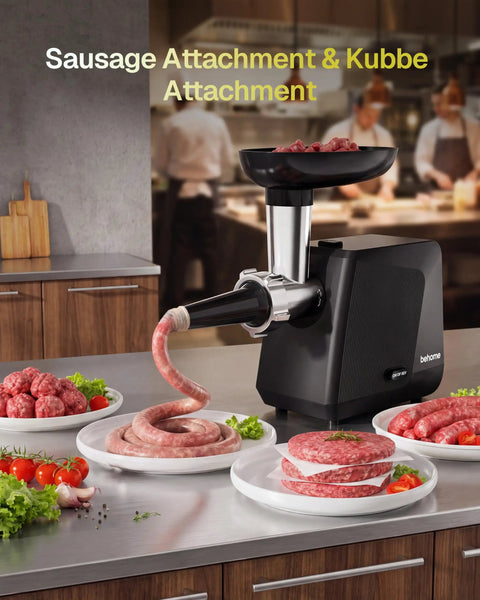 Behome Electric Meat Grinder With 2800W Max Motor, Powerful Sausage Stuffer, Kubbe Maker, and Mincer for preparing fresh sausages and burgers.