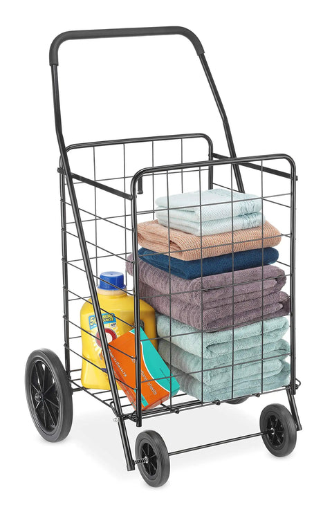 Beast Large Utility Foldable Shopping Cart With Wheels, 100 Lb Capacity, loaded with laundry items and towels, black steel frame