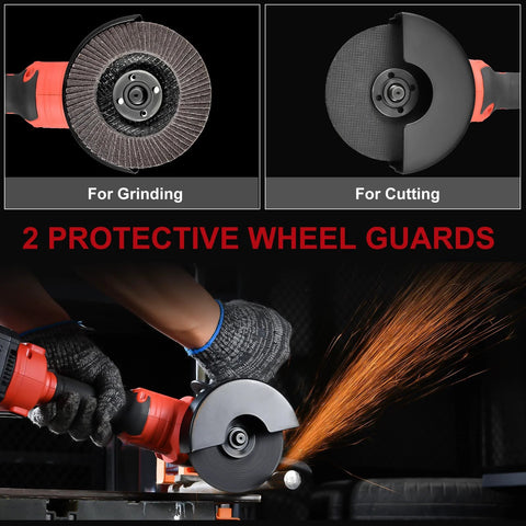 AOBEN cordless angle grinder 4-1/2 in with orange body, grinding and cutting discs, wheel guards