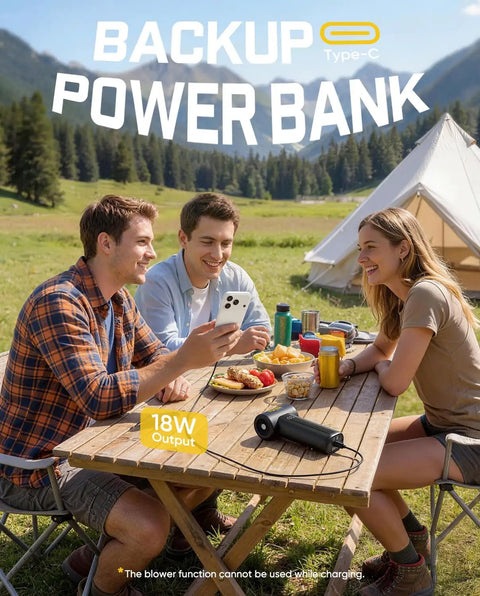 Group camping with backup power bank and devices, outdoor picnic setup.