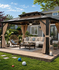 Hardtop Outdoor Gazebo With Double Layer Polycarbonate Roof And Aluminum Frame Pavilion 10x13 Foot with curtains on a patio