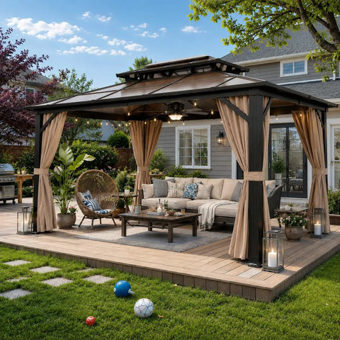 Hardtop Outdoor Gazebo With Double Layer Polycarbonate Roof And Aluminum Frame Pavilion 10x13 Foot with curtains on a patio