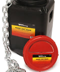 Heavy Duty 5/16 Inch Zinc Plated Grade 30 Proof Coil Chain 92 Feet Long displayed on a container for easy storage.