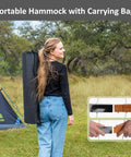 Woman carrying Portable Standing Patio Hammock With Foldable Steel Stand, Heavy Duty Frame Supports Up To 475 Lbs For 2 To 3 People, Dark Gray