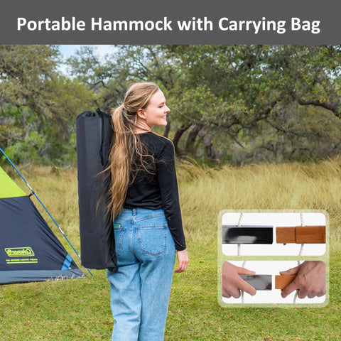 Woman carrying Portable Standing Patio Hammock With Foldable Steel Stand, Heavy Duty Frame Supports Up To 475 Lbs For 2 To 3 People, Dark Gray