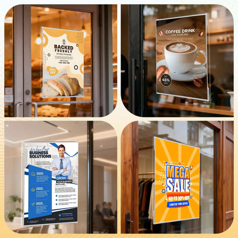 20 Pack Acrylic Sign Holder 8.5 By 11 Wall Mount Clear Display for Menu Photo Flyer Wall Signage showing various posters