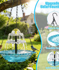 Hanging Sun Powered Bird Bath Fountain With 3 Layer Cascading Design And 3 Nozzles Blue Glass Bowl Auto Starts In Sunlight Attracts Wild Birds To Garden Backyard Or Pergola