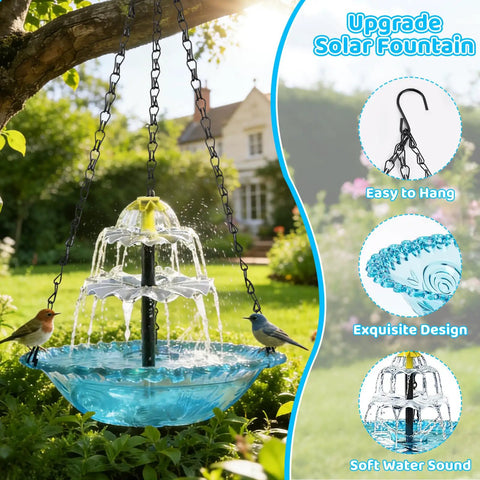 Hanging Sun Powered Bird Bath Fountain With 3 Layer Cascading Design And 3 Nozzles Blue Glass Bowl Auto Starts In Sunlight Attracts Wild Birds To Garden Backyard Or Pergola
