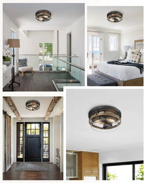 Farmhouse Wooden Flush Mount Ceiling Light With Clear Glass Shade in hallway, bedroom, entryway, and kitchen interiors collage