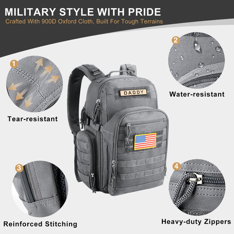 Dad Gear Tactical Diaper Bag Backpack With Changing Pad, Military MOLLE System, Water Resistant 900D Fabric in grey color