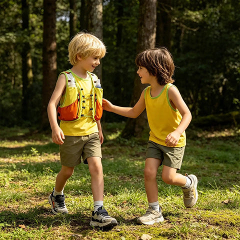 Child wearing Trail Ready Hydration Running Vest With Lightweight Pack, Breathable Mesh Back Ventilation, Water Reservoir Compatibility