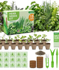 Ultimate 15 In 1 Herb Garden Starter Kit For Indoor And Outdoor Growing with seeds, biodegradable pots, and tools shown.