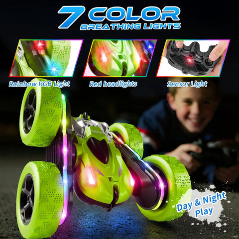 4WD Remote Control Car With 360 Flip And Double Sided Stunt Play All Terrain Off Road Toy With LED Light Bar