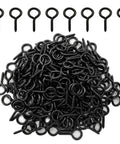 Built Tough Black One Inch Screw Eye Hooks Two Hundred Pack For Jewelry Making Ornament Hangings, close-up view of black zinc screw eyes.