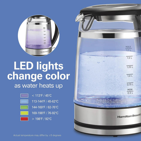 1.7 Liter Glass Electric Kettle With Double Wall Cordless Serving Auto Shutoff And Boil Dry Protection LED indicator hot water