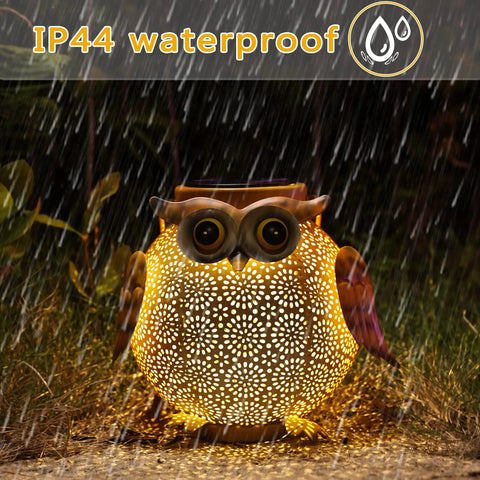 Owl-shaped solar lantern in rain, showcasing IP44 waterproof feature, part of Two Pack Hanging Solar Lanterns With Owl Pattern.