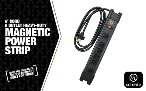 Heavy Duty Magnetic 6 Outlet Metal Power Strip With 6 Foot Cord, Cord Management, Lighted On Off Switch, Surge Protection