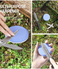 Pro Grade Knife And Axe Sharpening Stone Set with multi-purpose sharpener in use on scissors and knife outdoors on grass