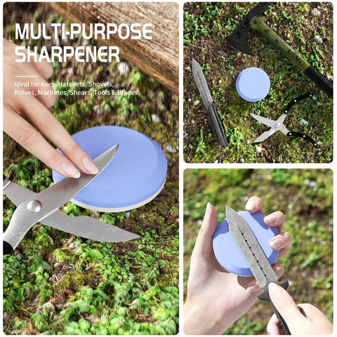 Pro Grade Knife And Axe Sharpening Stone Set with multi-purpose sharpener in use on scissors and knife outdoors on grass
