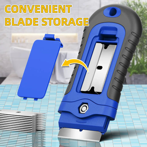 Razor Blade Scraper 1 Pack With Extra 15 Blades For Glass Stove Top And Window Cleaning A Pro Grade Heavy Duty Non Retractable Rubber Handle Kitchen Scraper Tool For Stubborn Grime showing the blue cover and blade storage feature.