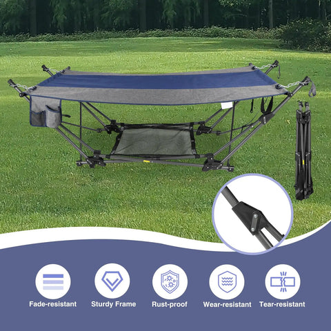 Portable Folding Hammock With Stand Removable Pillow Storage Net Foldable Lounge Camping Bed outdoors on green lawn