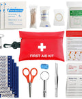 Amazon First Aid Kit, 97-piece; red zip pouch with white cross, includes bandages, gauze, scissors, tweezers, wipes.