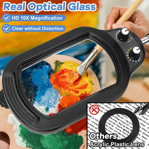 10X Rectangle Magnifying Glass With Light And Stand For Close Work And Reading Hands Free LED Desk Lamp With Clamp Real Glass Lens